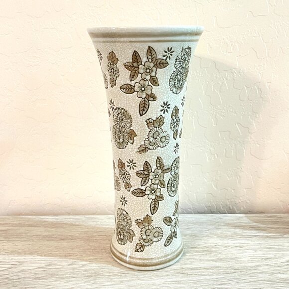 Vase Flowers Embossed Cream Brown Target 12" Ceramic - Picture 3 of 9